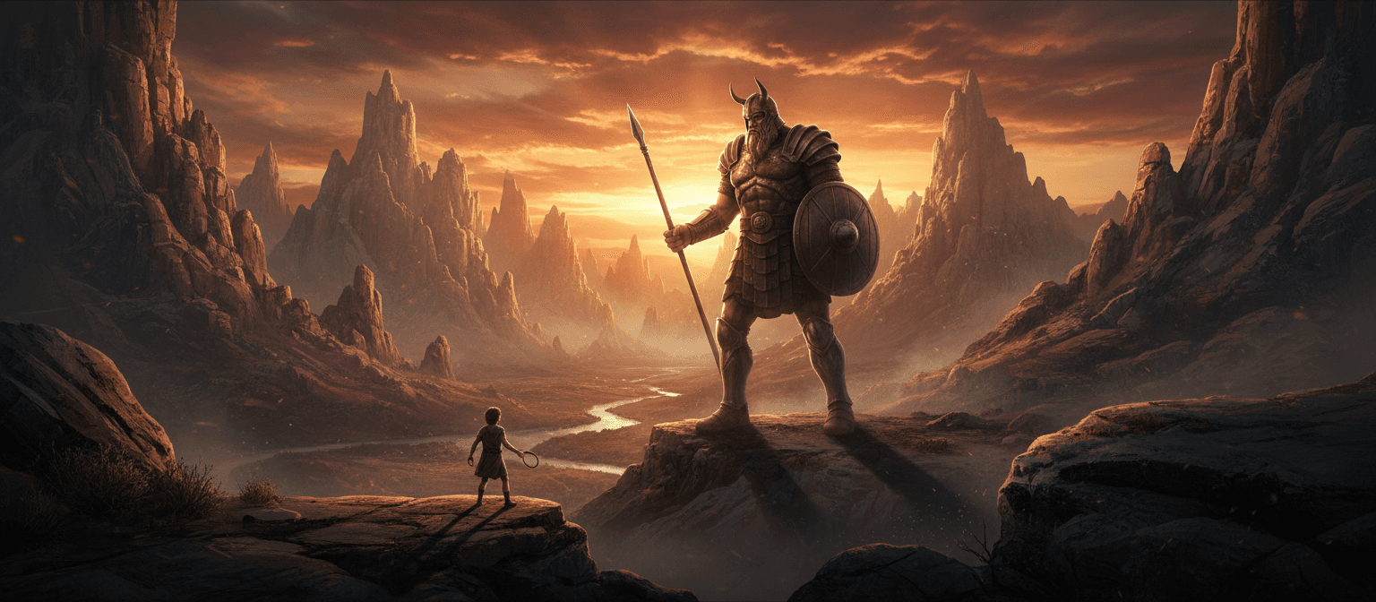 A biblical hero standing in a mountain landscape